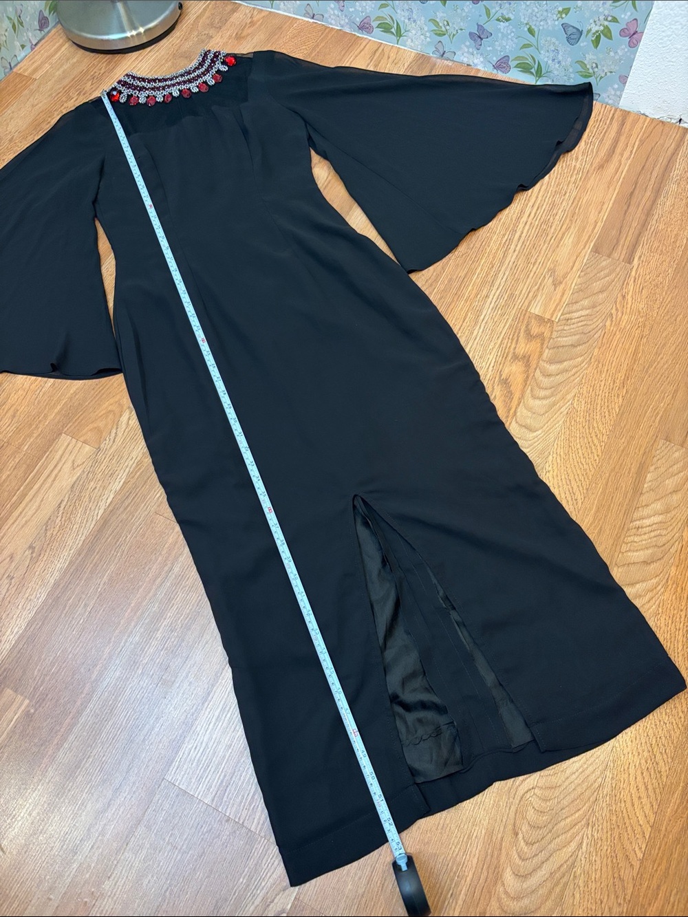 Elegant black long bell sleeve maxi dress with jeweled neckline. Size S. - Picture 13 of 17